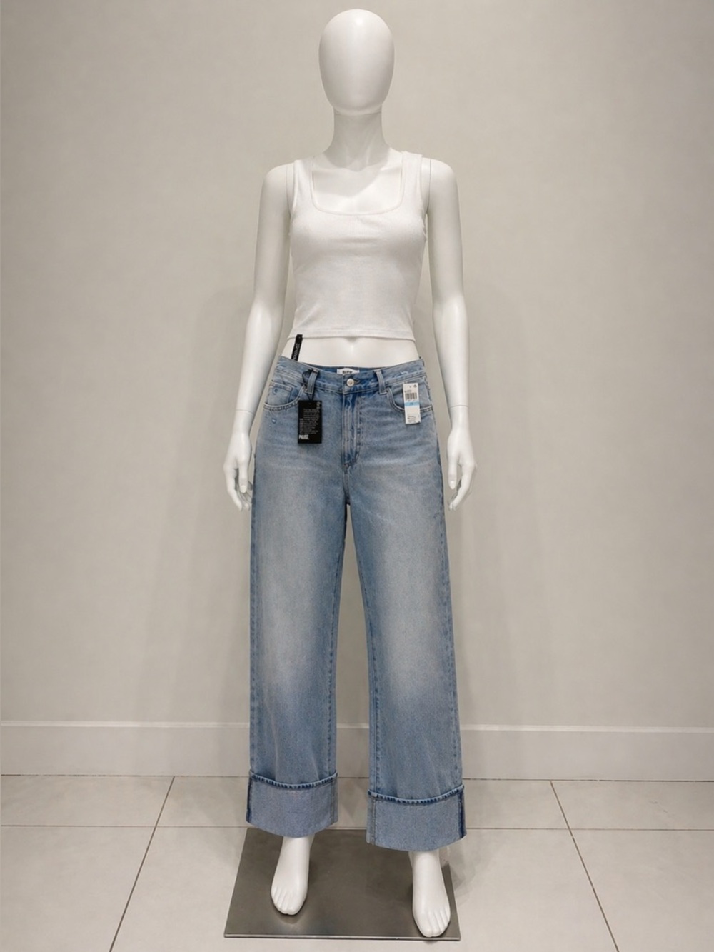Wide Leg Cuffed Jeans - Light Blue